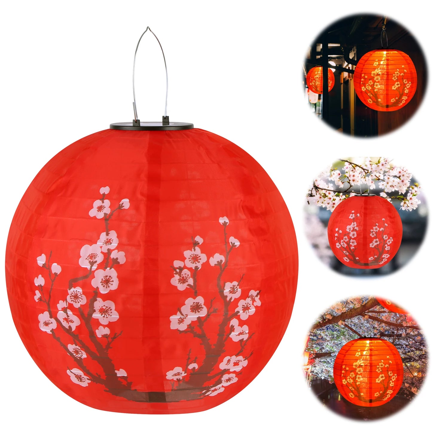 30cm Solar Power LED Plum Blossom Lights IP65 Waterproof Chinese Traditional Hanging Lanterns for Garden Porch