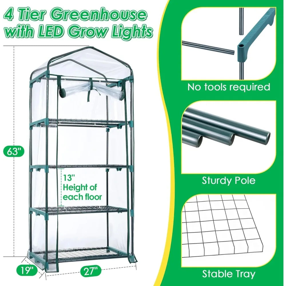 4-Layer Mini Greenhouse with Growth Lights,Equipped with Roller Shutter, Zipper, PVC Waterproof Cover and Tray