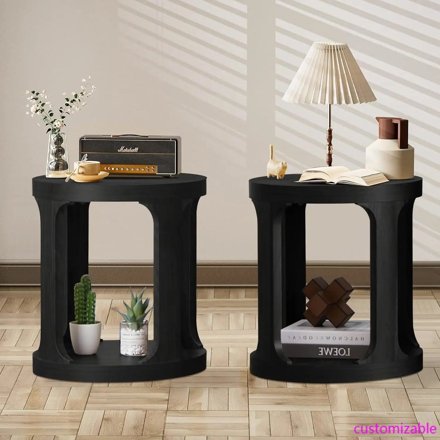 End Table Set of 2, Round Side Table with 2-Tier Storage, Accent Sofa Table for Living Room (Black)