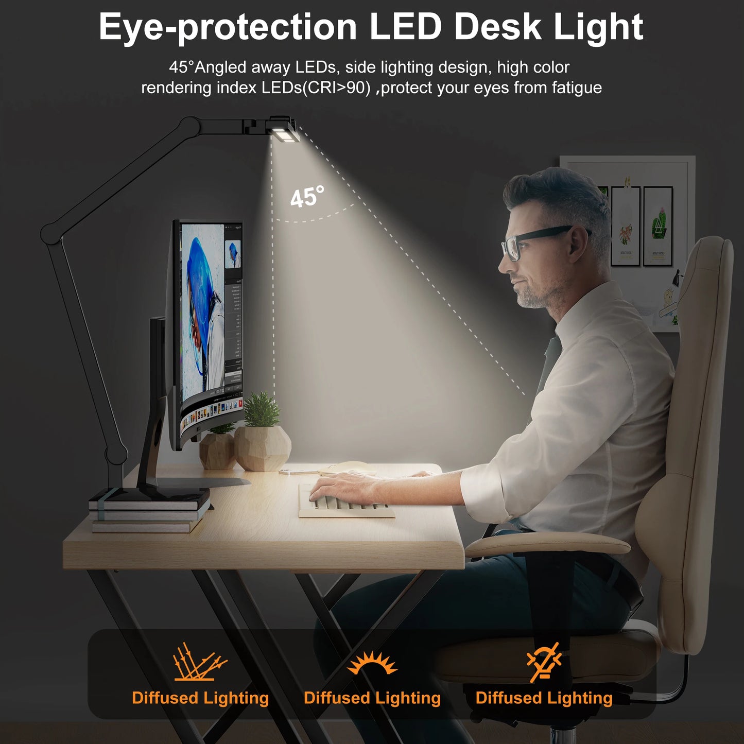 Led Desk Lamp with Clamp for Home Office with Atmosphere Lighting, 24W Ultra Bright Auto Dimming Desk Light
