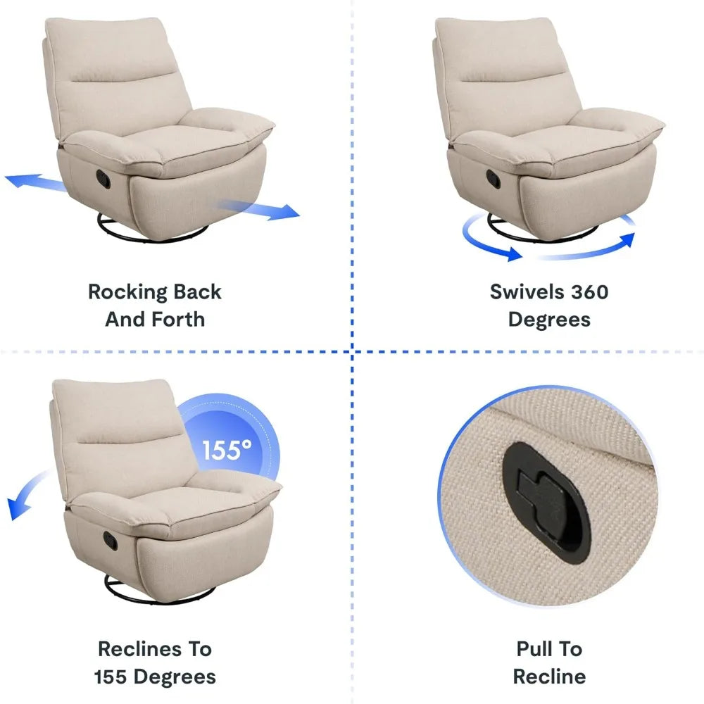 Lotus Swivel Rocker Recliner Chair for Adults, Oversized 360° Swivel Recliner Chair, Certified Linen, Award-Winning