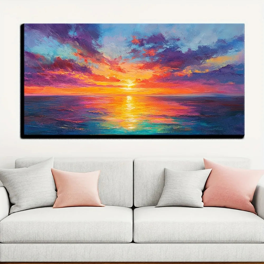 Modern Abstract Seaside Sunset on Canvas - Vibrant Marine sunset art with a 1.5 inch pine frame