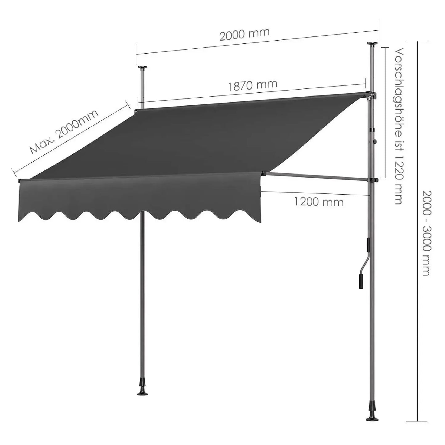 Awning Balcony Patio Retractable Awning UV50+ Sun Shade Awning Sun Protection with Hand Crank Without Drilling