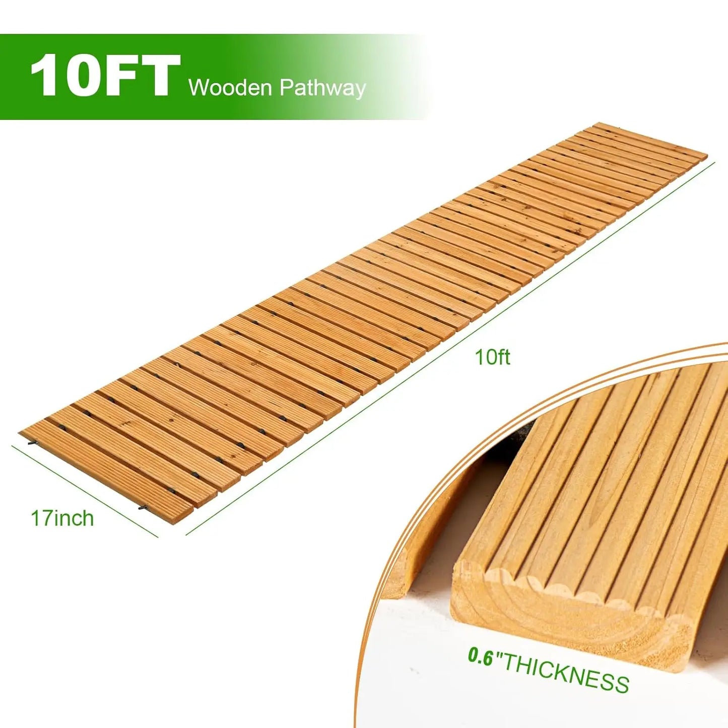 10FT Wooden Garden Pathway, Weather-Resistant Non-Slip Hardwood Walkway