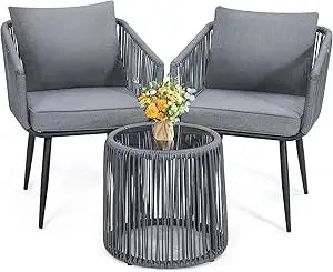 Boho 3 Piece Bistro Set, Modern Outdoor Wicker Patio Furniture with Tempered Glass Table Top and 2 Chairs, Washable Cushions, B