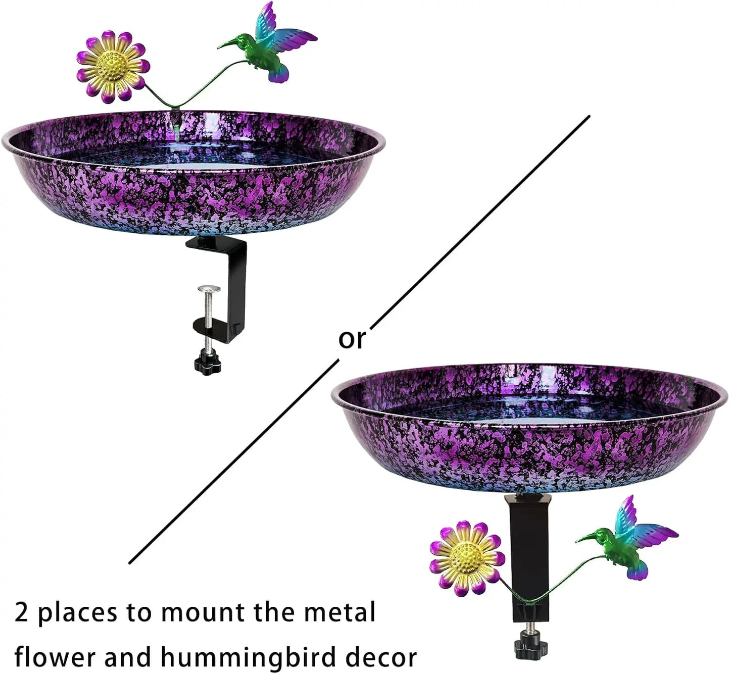 Deck Bird Bath for Outdoors, Colorful Purple/Blue Metal Birdbath Bowl Mounted Garden Bird Bath