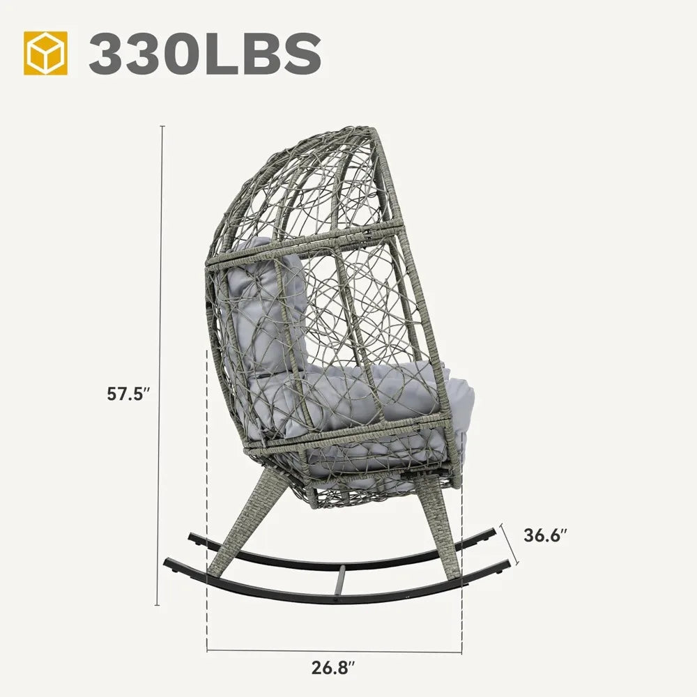 Wicker Rocking Egg Chair, Oversized Indoor Outdoor Rattan Rocking Chair, Indoor Outdoor Lounger for Patio, Backyard, Living Roo