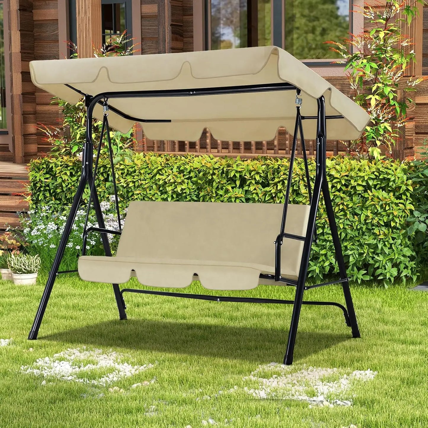 3-Seat Glider Patio Swings with Removable Cushion and Adjustable Canopy, Porch Bench for Garden