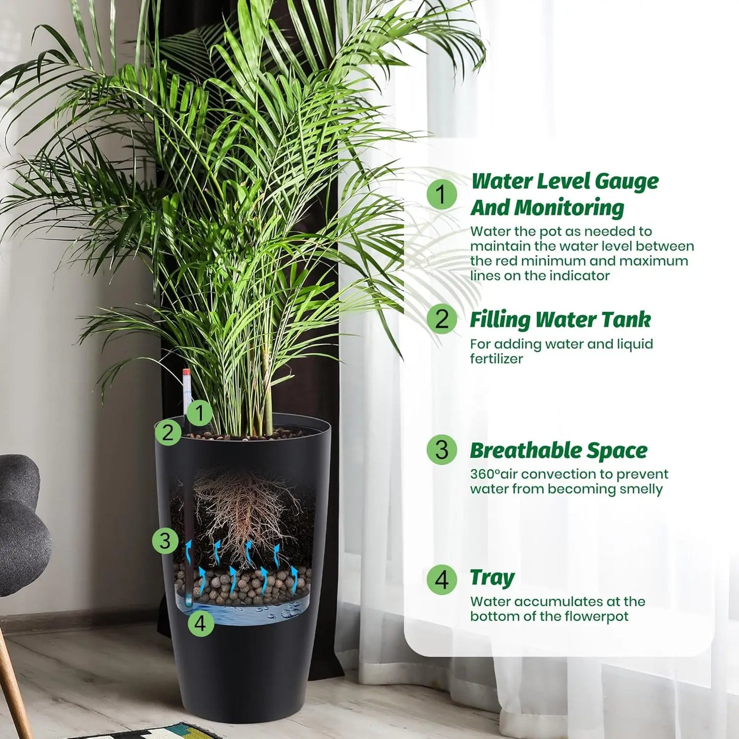 16" Tall Planters Set of 2, Plant Pots, Self Watering Pots for Indoor Plants, Flower Pots With Built-In Drainage and Visual Wate