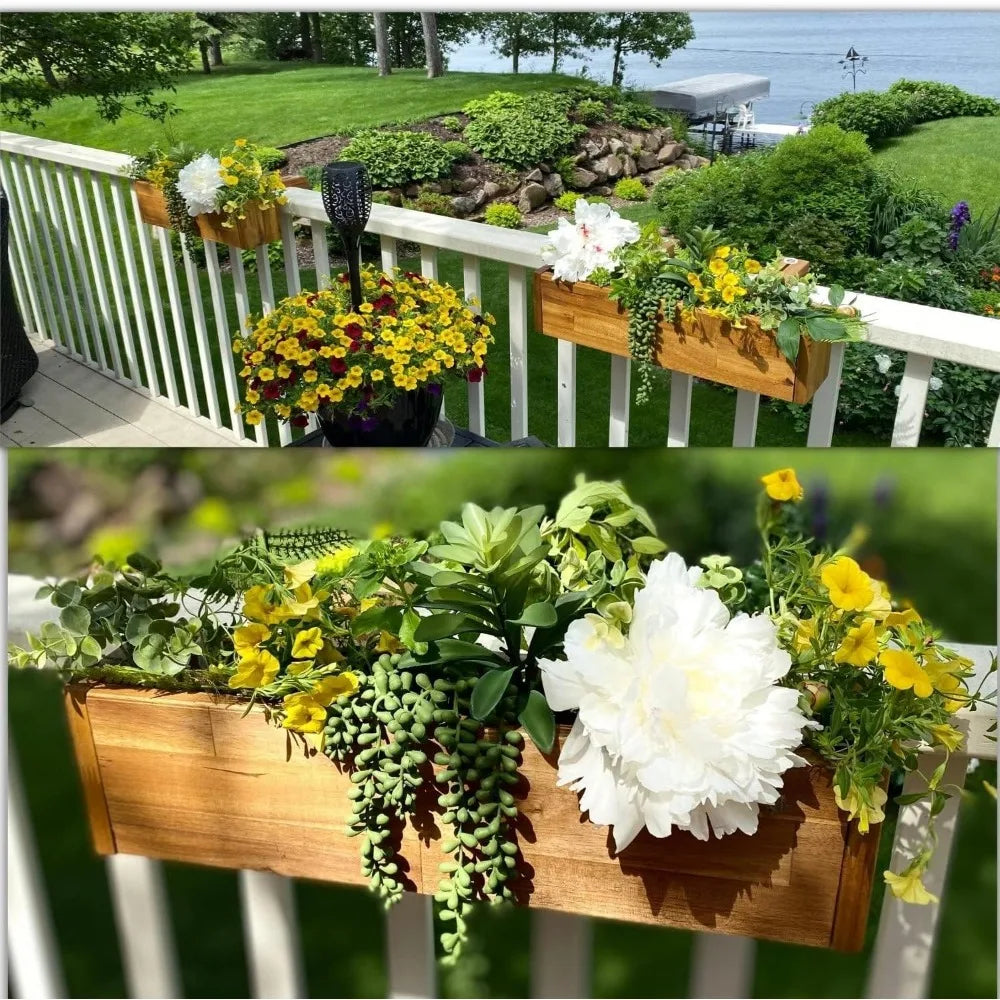Acacia Wood Railing Planter Box, Outdoor Hanging Flower, Plant, & Herb Boxes, 20-Inch Wide x 5-Inch Tall x 4.5-Inch Deep Rectang