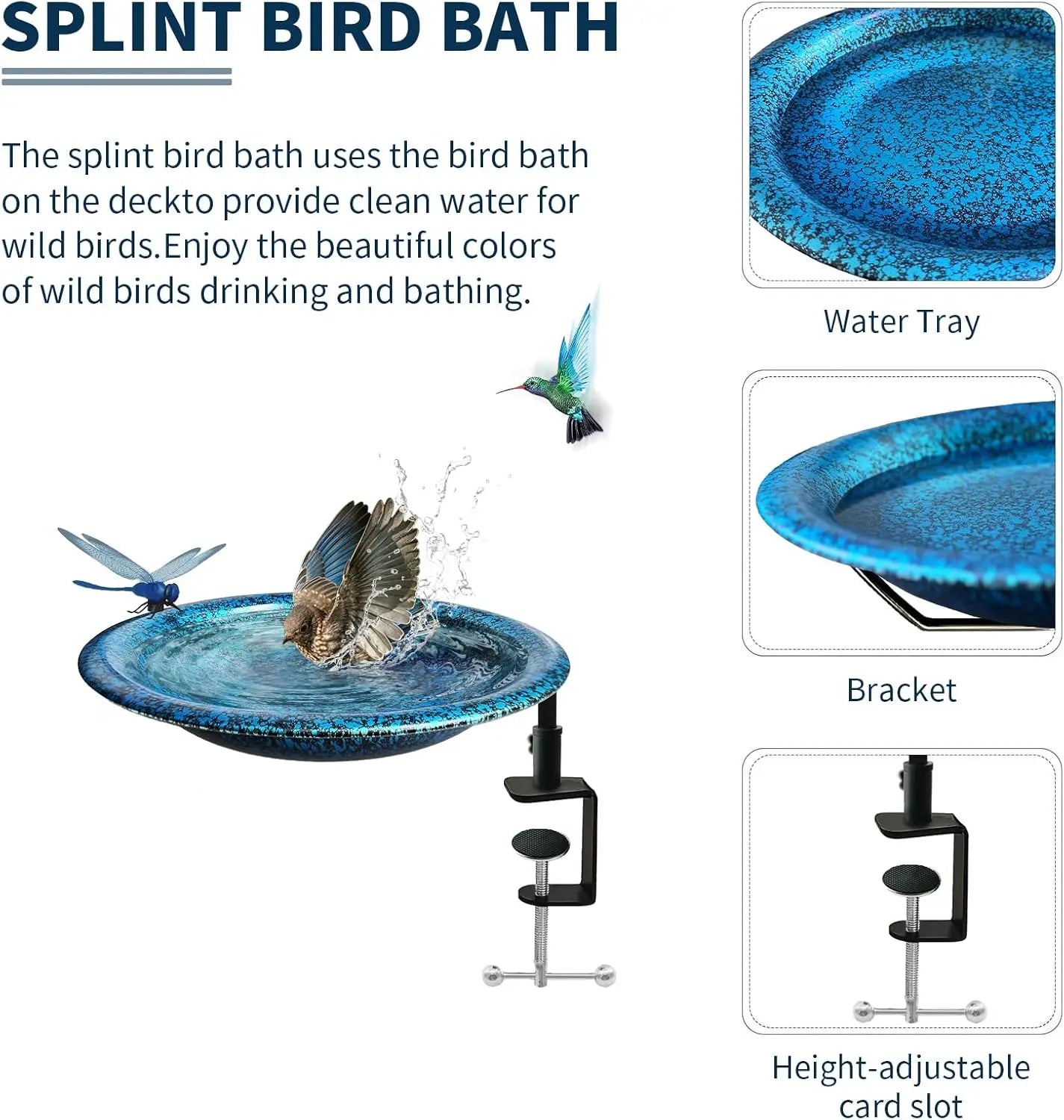 Deck Mounted Bird Bath Detachable Bowl with Sturdy Clamp,Easy Setup Outdoor Bird Feeder for Garden Patio