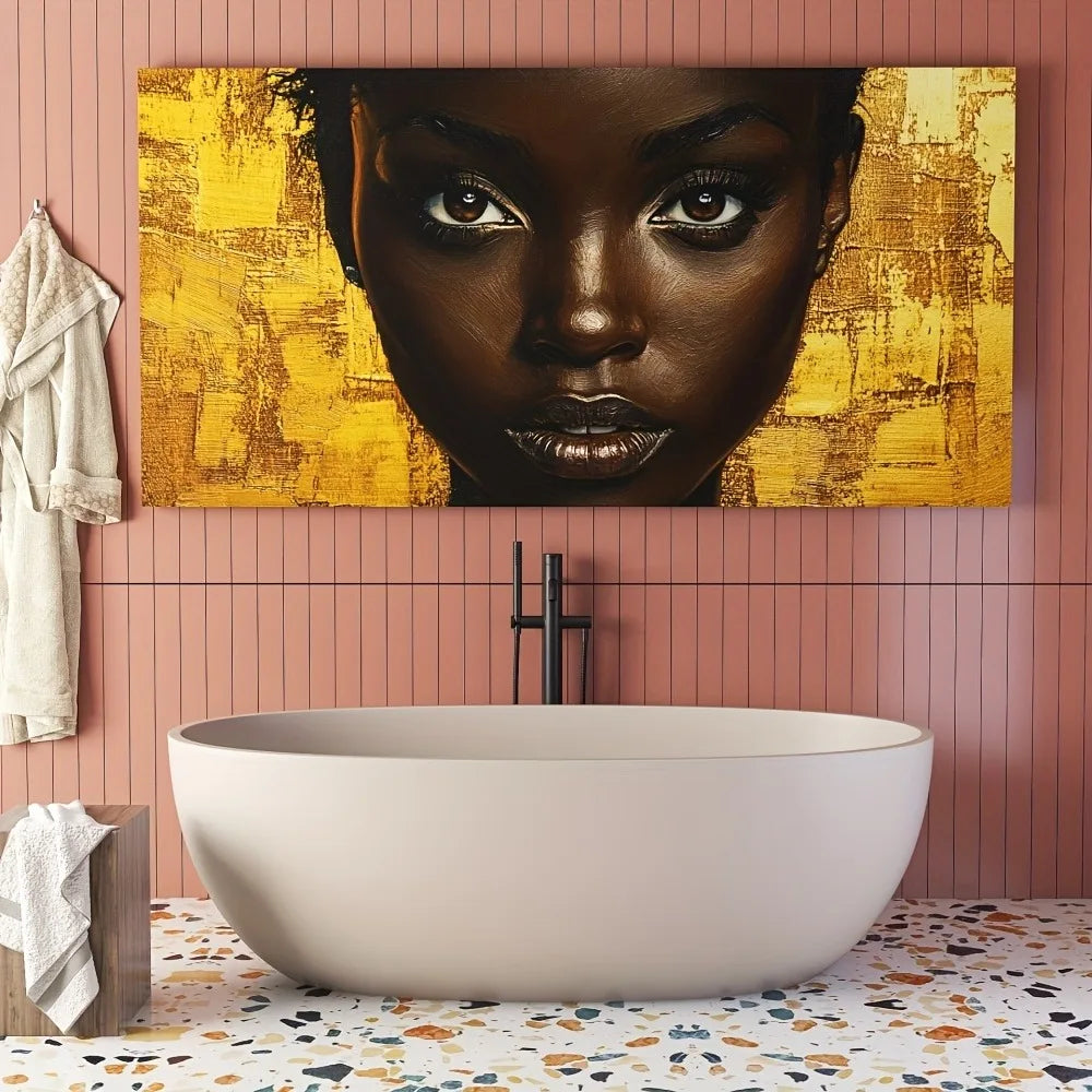 Elegant abstract female portrait canvas art - 1.5-inch thick pine frame, vivid gold and brown tones, upholstery