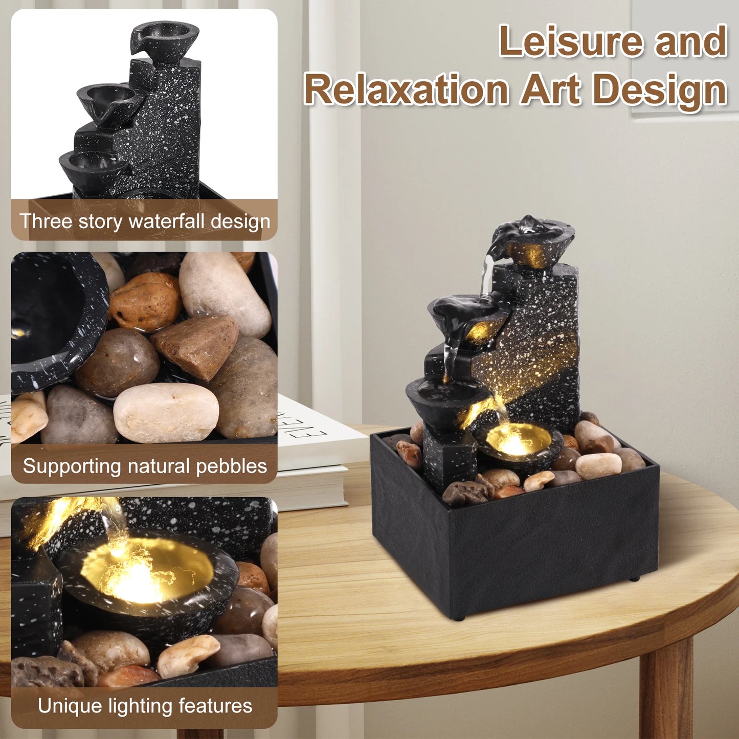 Tabletop Waterfall Relaxation Meditation Desktop Fountain with Soft Lights Flowing Water Ornaments