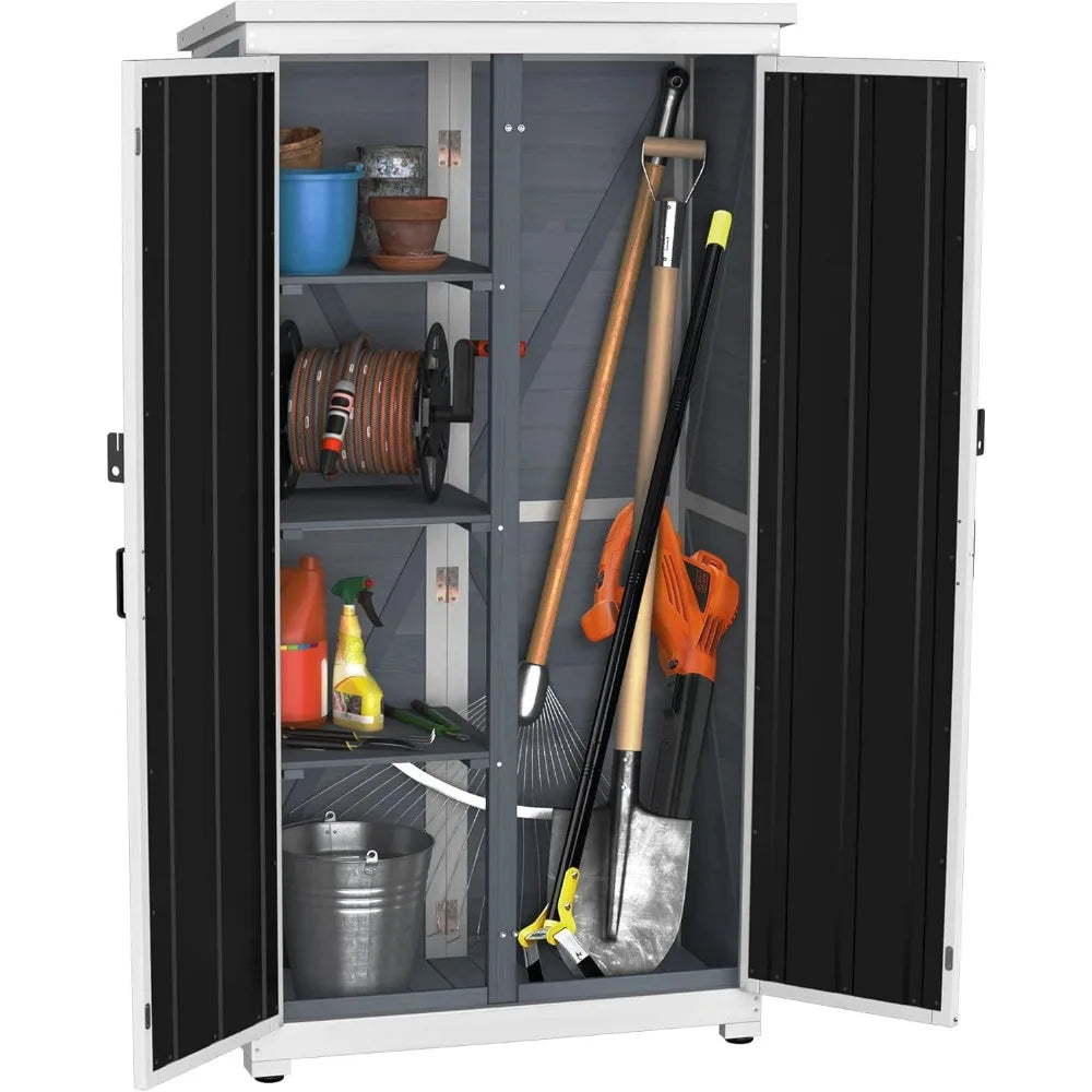 Outdoor Storage Cabinet Wood & Metal Garden Shed With Waterproof Roof and Sturdy Lockable Doors 66"