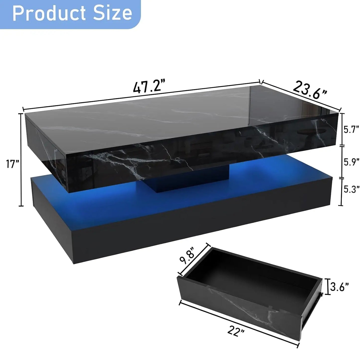 47inch Large High-Glossy LED Coffee Table with 2 Sliding Drawers, Living Room Storage Tables
