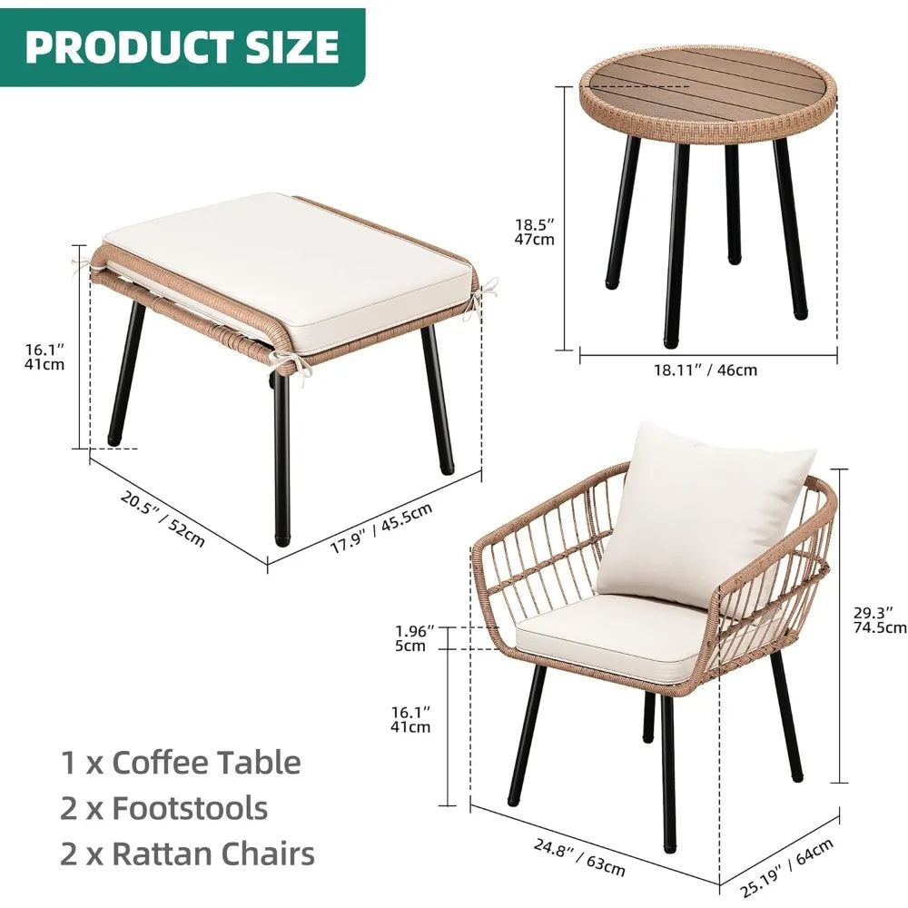 5-Piece Outdoor Wicker Furniture Set,All-Weather Patio Bistro Set with Footrest,