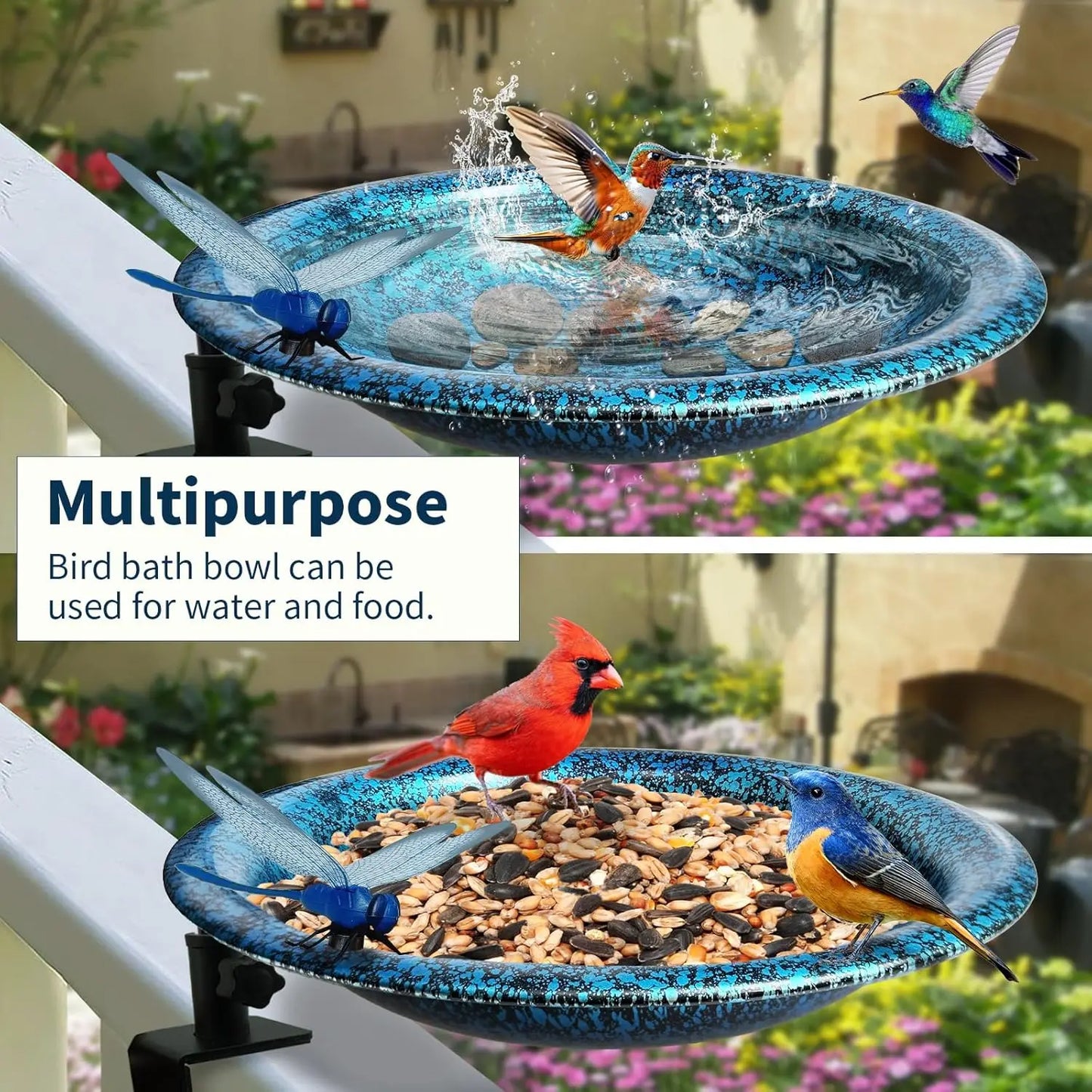 Deck Mounted Bird Bath Detachable Bowl with Sturdy Clamp,Easy Setup Outdoor Bird Feeder for Garden Patio