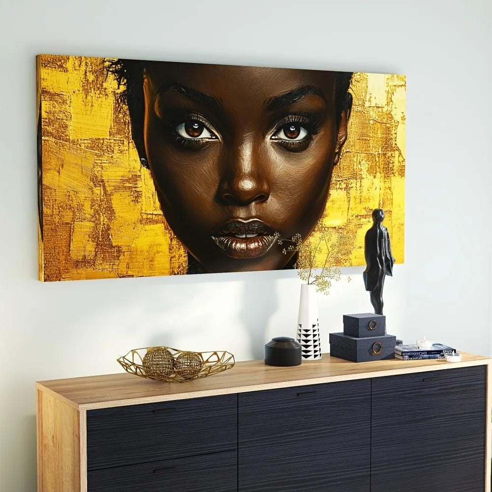 Elegant abstract female portrait canvas art - 1.5-inch thick pine frame, vivid gold and brown tones, upholstery