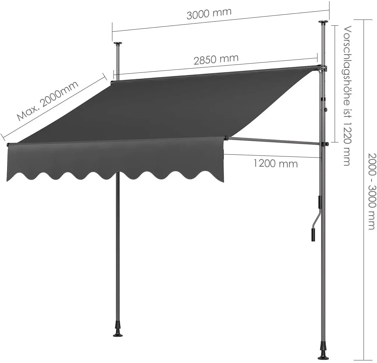 Awning Balcony Patio Retractable Awning UV50+ Sun Shade Awning Sun Protection with Hand Crank Without Drilling