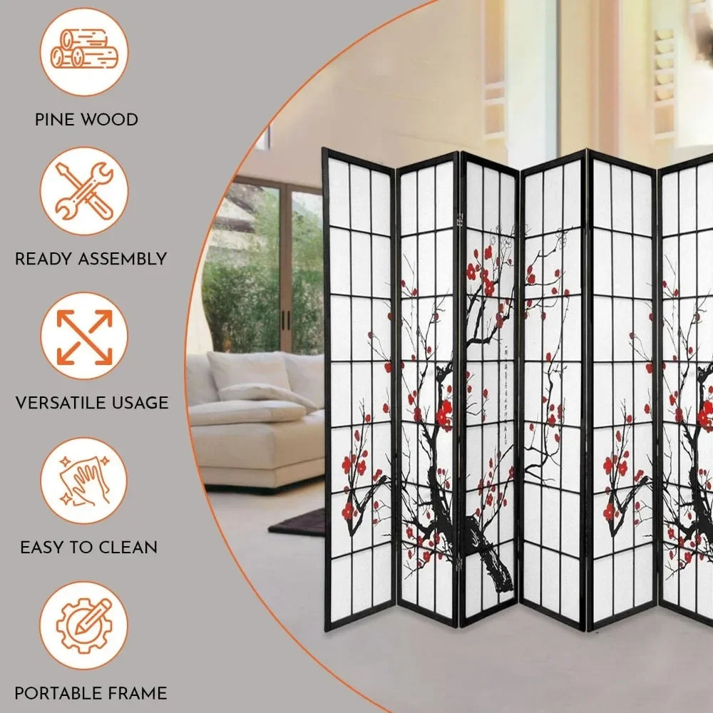 Blossom Screen - Portable, Foldable Shoji Style Room Divider - Plum Blossom, Freestanding Room Privacy Dressing Screen