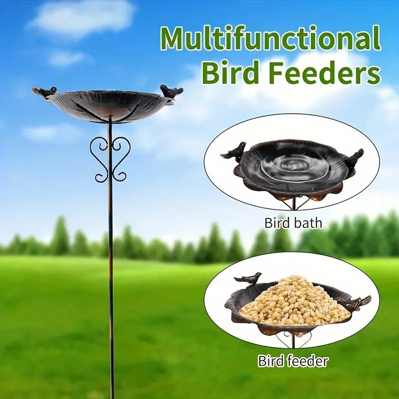 47.5" Metal Leaf-Shaped Bird Feeder Stake, Waterproof Wild Bird Ground Feeder Bowl, Durable Outdoor Lawn Ornament