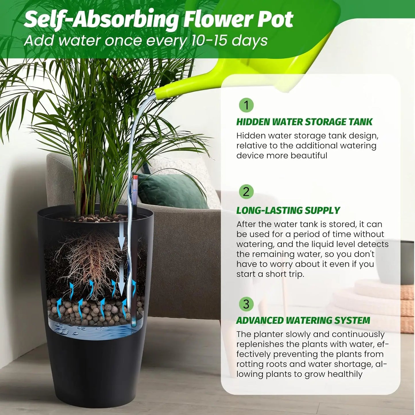 16" Tall Planters Set of 2, Plant Pots, Self Watering Pots for Indoor Plants, Flower Pots With Built-In Drainage and Visual Wate