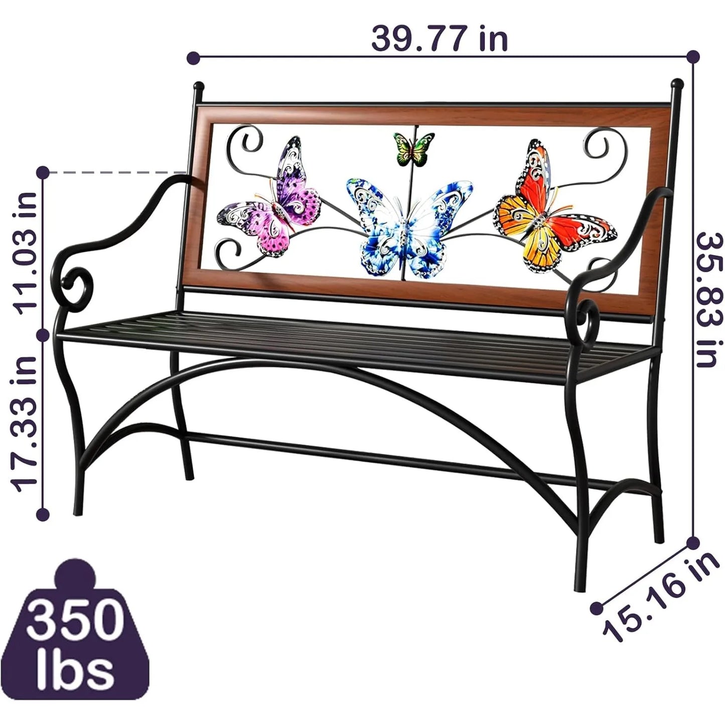 39.7" Outdoor Bench, Garden Bench, Patio Bench with Armrest, Slatted Seat and Butterfly Pattern Backrest for Outside,