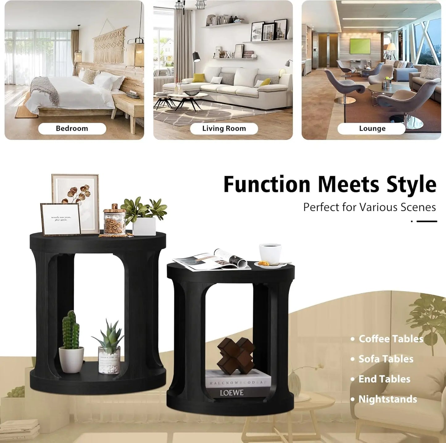 End Table Set of 2, Round Side Table with 2-Tier Storage, Accent Sofa Table for Living Room (Black)
