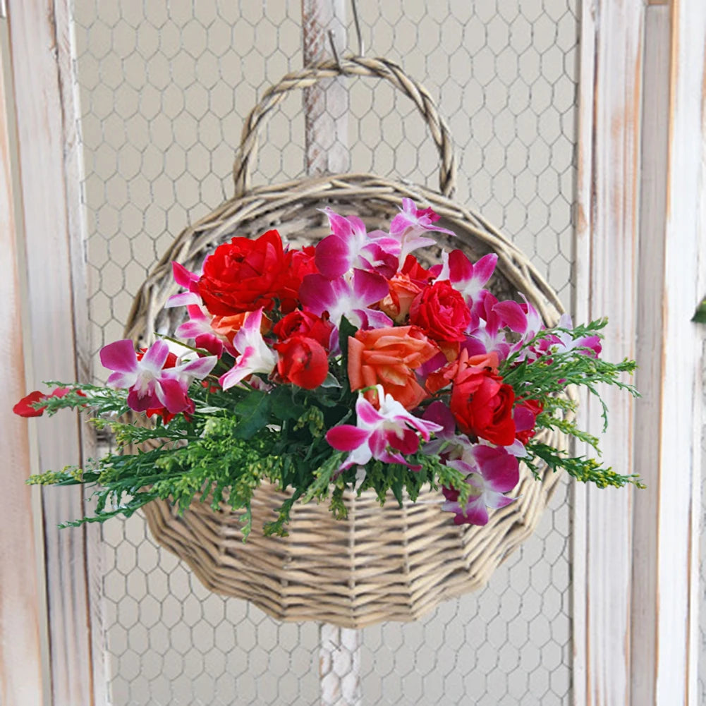 Wall Mounted Handmade Wicker Flower Pot Hanging Woven Rattan Vase Dried Flower Plant Basket Storage Container for Garden Balcony