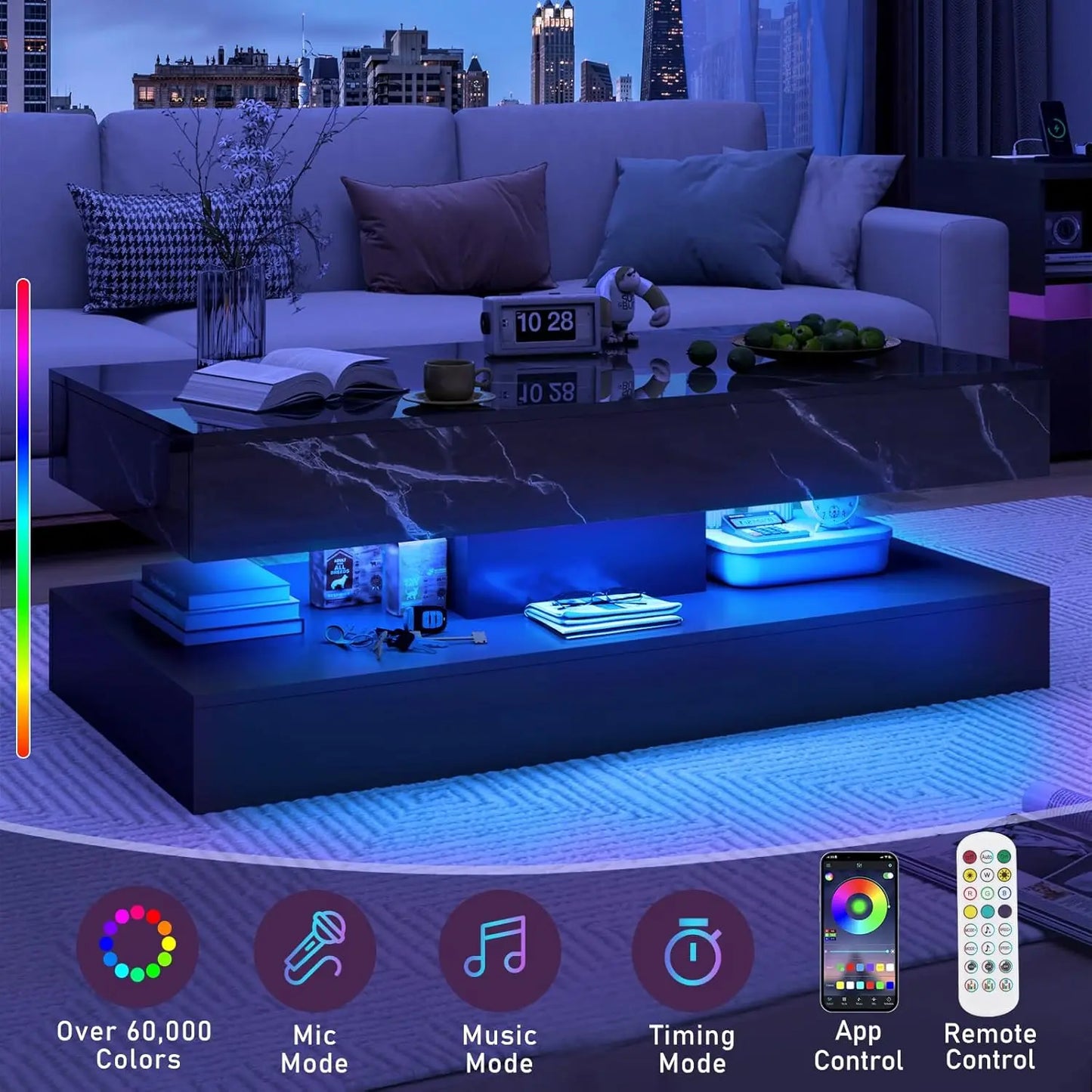47inch Large High-Glossy LED Coffee Table with 2 Sliding Drawers, Living Room Storage Tables