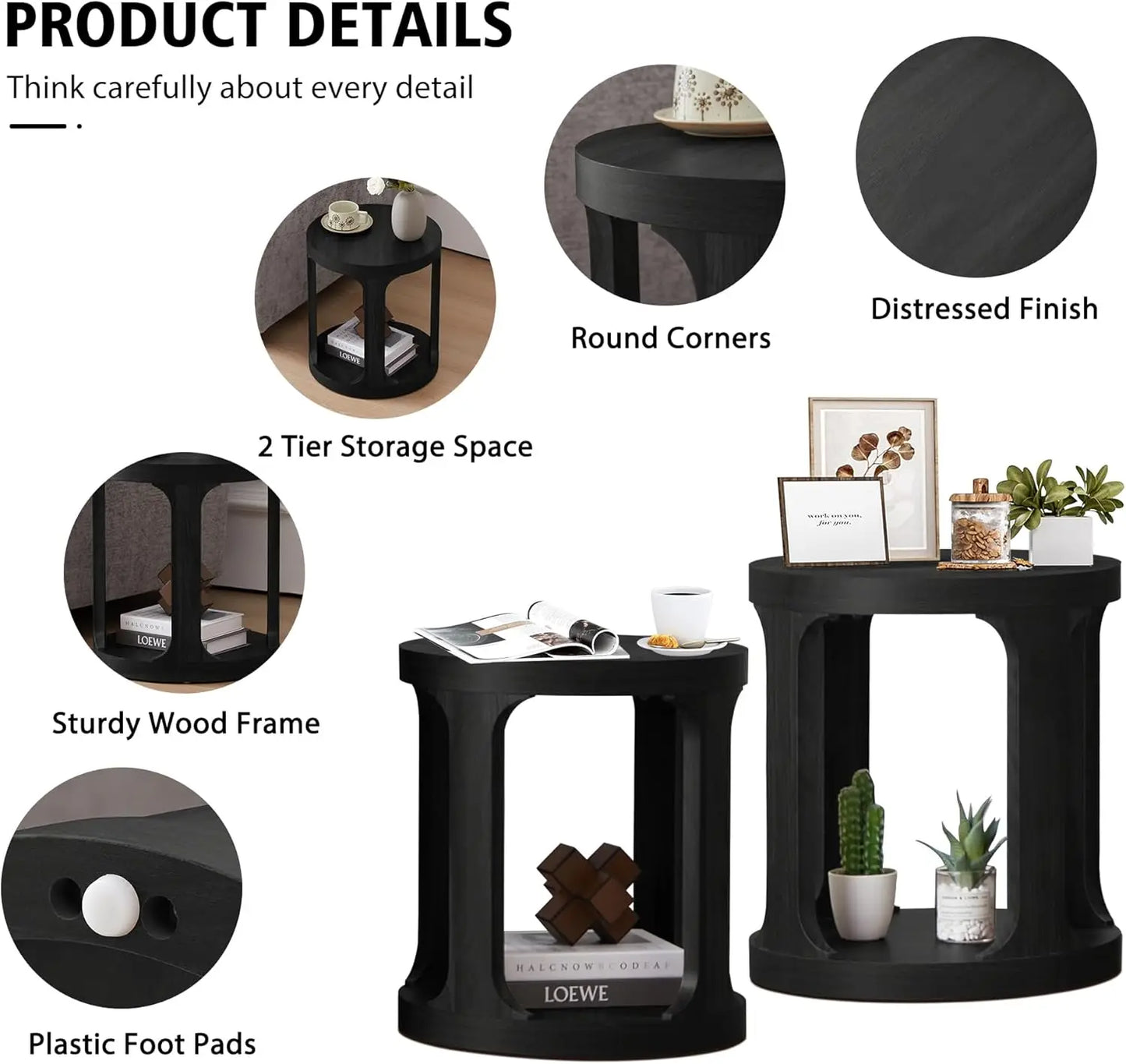 End Table Set of 2, Round Side Table with 2-Tier Storage, Accent Sofa Table for Living Room (Black)