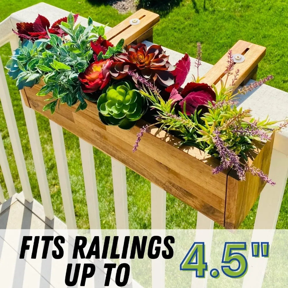 Acacia Wood Railing Planter Box, Outdoor Hanging Flower, Plant, & Herb Boxes, 20-Inch Wide x 5-Inch Tall x 4.5-Inch Deep Rectang