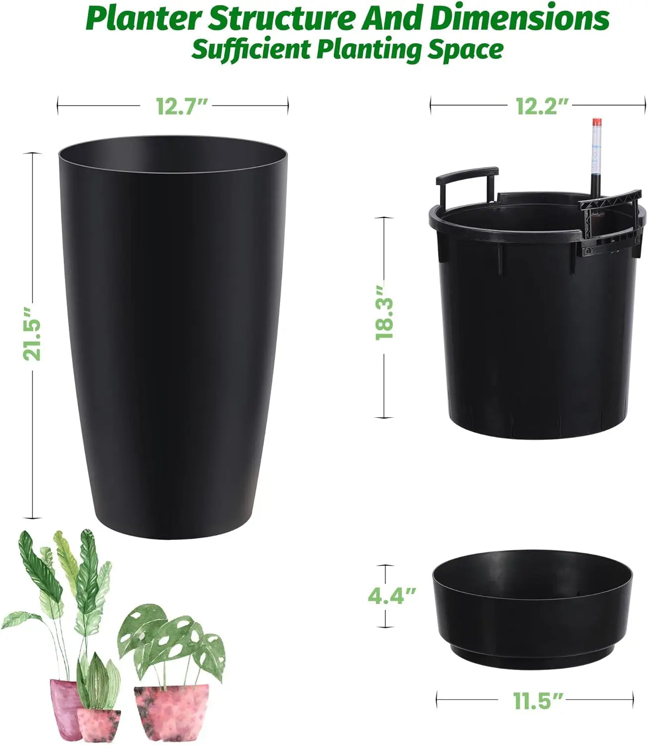 16" Tall Planters Set of 2, Plant Pots, Self Watering Pots for Indoor Plants, Flower Pots With Built-In Drainage and Visual Wate