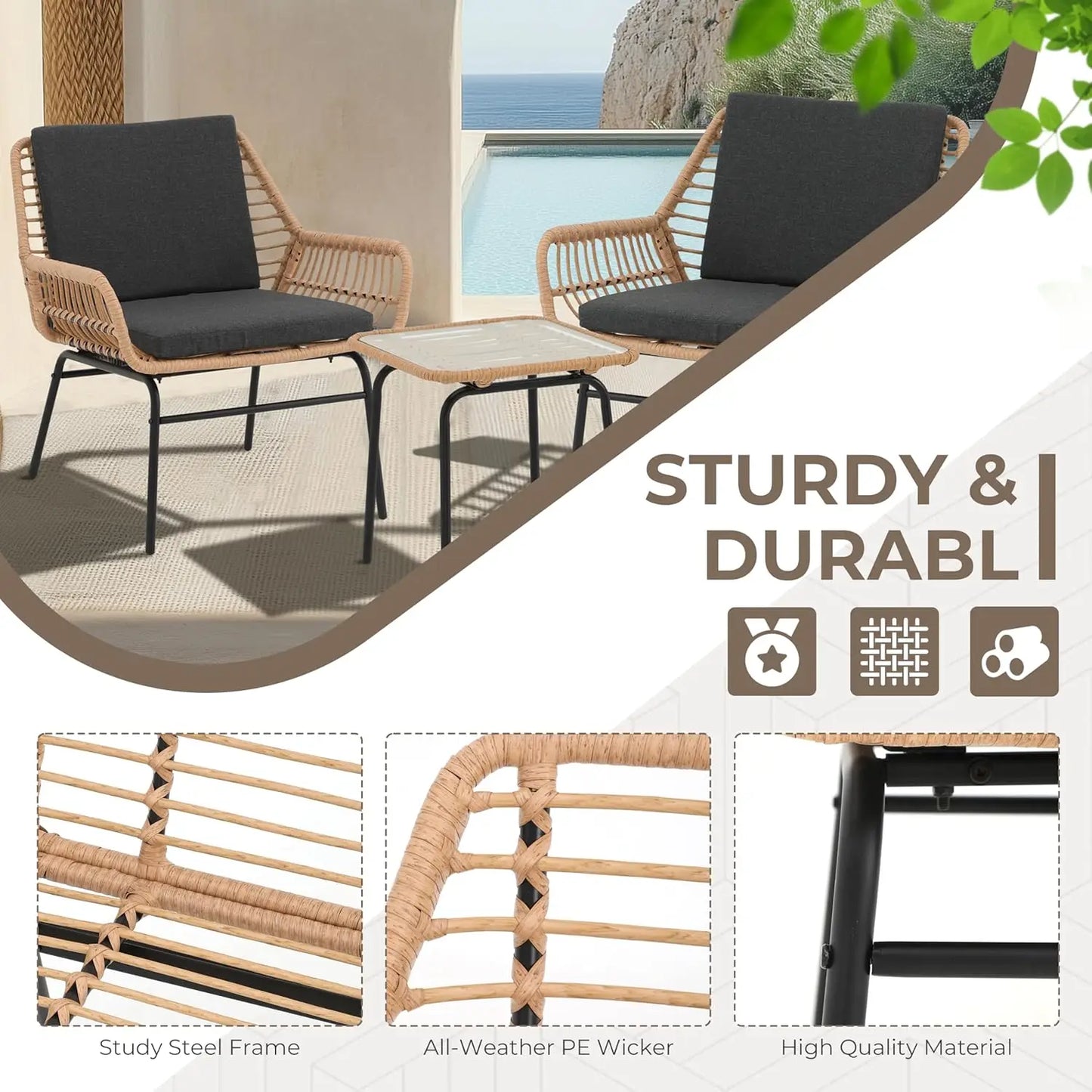 3 Piece Outdoor Patio Furniture Set, Rattan Conversation Sets, All-Weather Wicker Chairs with Cushions and Coffee Table,