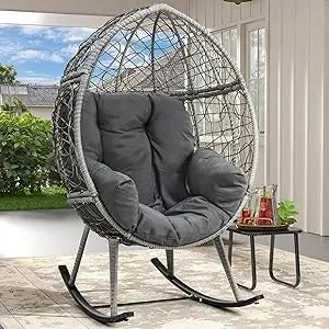 Wicker Rocking Egg Chair, Oversized Indoor Outdoor Rattan Rocking Chair, Indoor Outdoor Lounger for Patio, Backyard, Living Roo