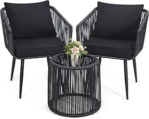Boho 3 Piece Bistro Set, Modern Outdoor Wicker Patio Furniture with Tempered Glass Table Top and 2 Chairs, Washable Cushions, B