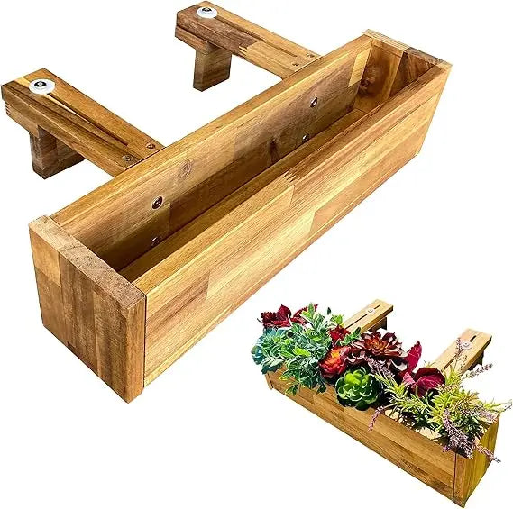 Acacia Wood Railing Planter Box, Outdoor Hanging Flower, Plant, & Herb Boxes, 20-Inch Wide x 5-Inch Tall x 4.5-Inch Deep Rectang