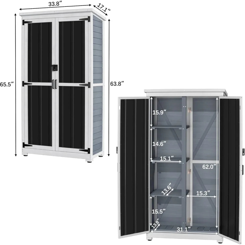 Outdoor Storage Cabinet Wood & Metal Garden Shed With Waterproof Roof and Sturdy Lockable Doors 66"