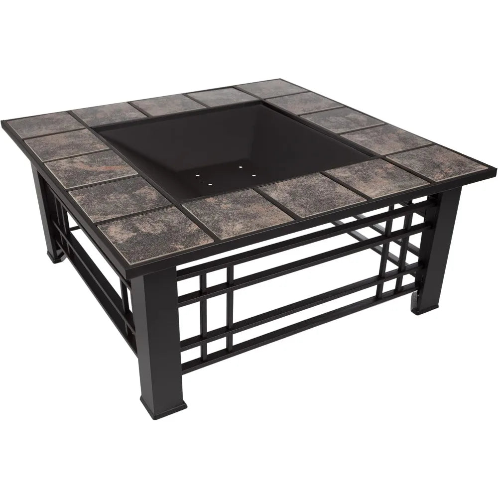 Fire Pit Set, Log Poker - Great for Outdoor and Patio, 32” Square Tile