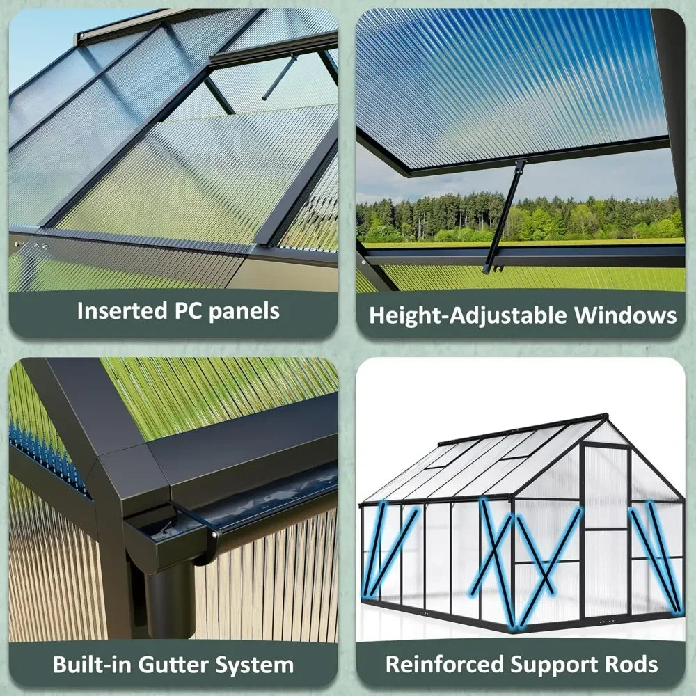 12x8 FT Polycarbonate Greenhouse with Roof Vent,