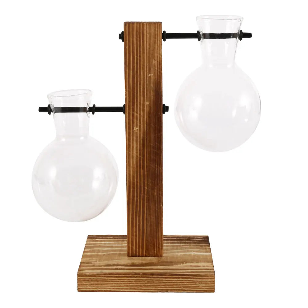 Glass Desktop Planter Bulb Vase Wooden Stand Hydroponic Plant Container Tabletop Decor Vases