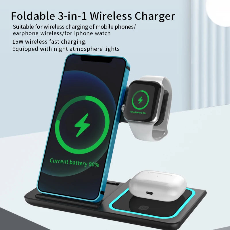30W LED Fast  3 in 1 Foldable Charging Station For iPhone 15 14 13 12 11 Apple Watch 9 8 7 6 5 AirpodsX455