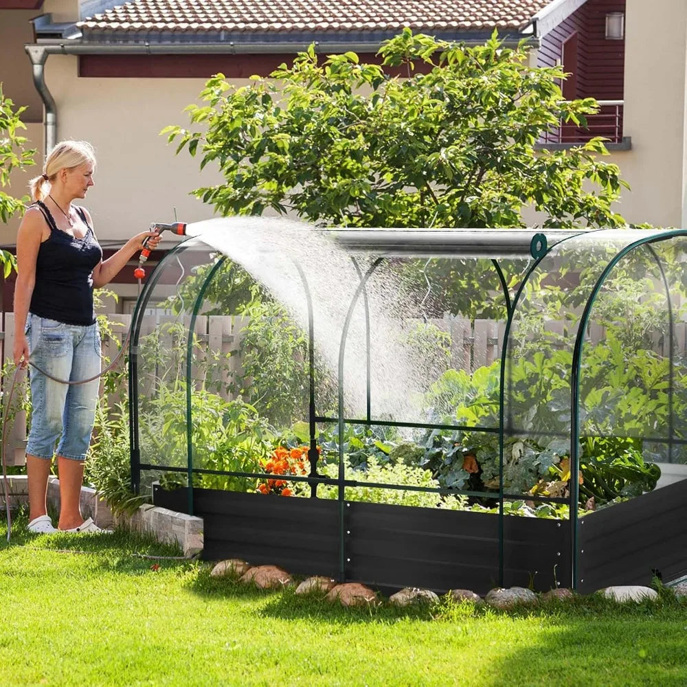 Galvanized Raised Garden Bed with Cover, 71"x35.4"x45.2" Metal Planter Bottomless Box w/ 2 Roll-Up Windows Mini Greenhouse