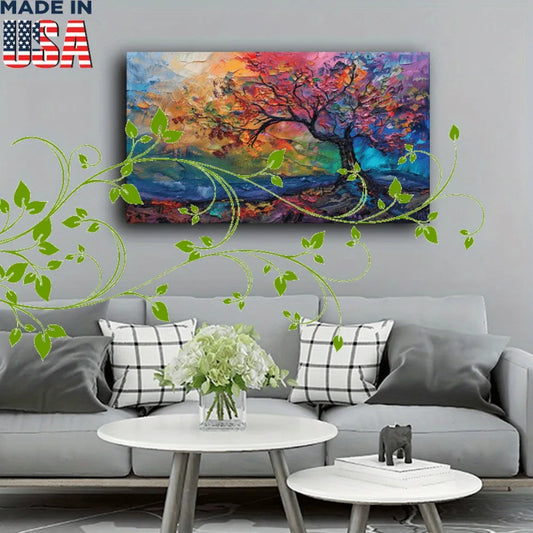 1.5 "chunky wood pine frame, interior artwork mural, home decor, colorful trees, rainbow leaves, abstract scenery,