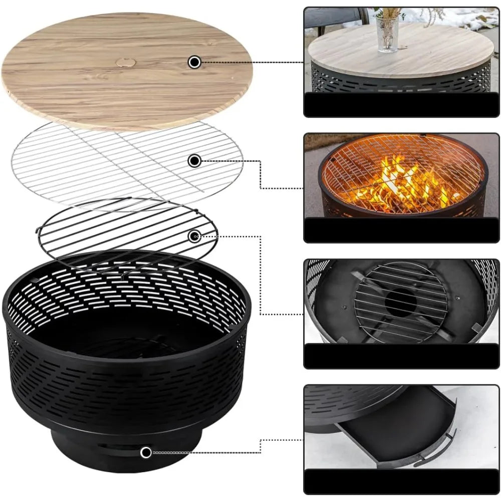 26" Wood Burning Fire Pits with Grill & Lid,