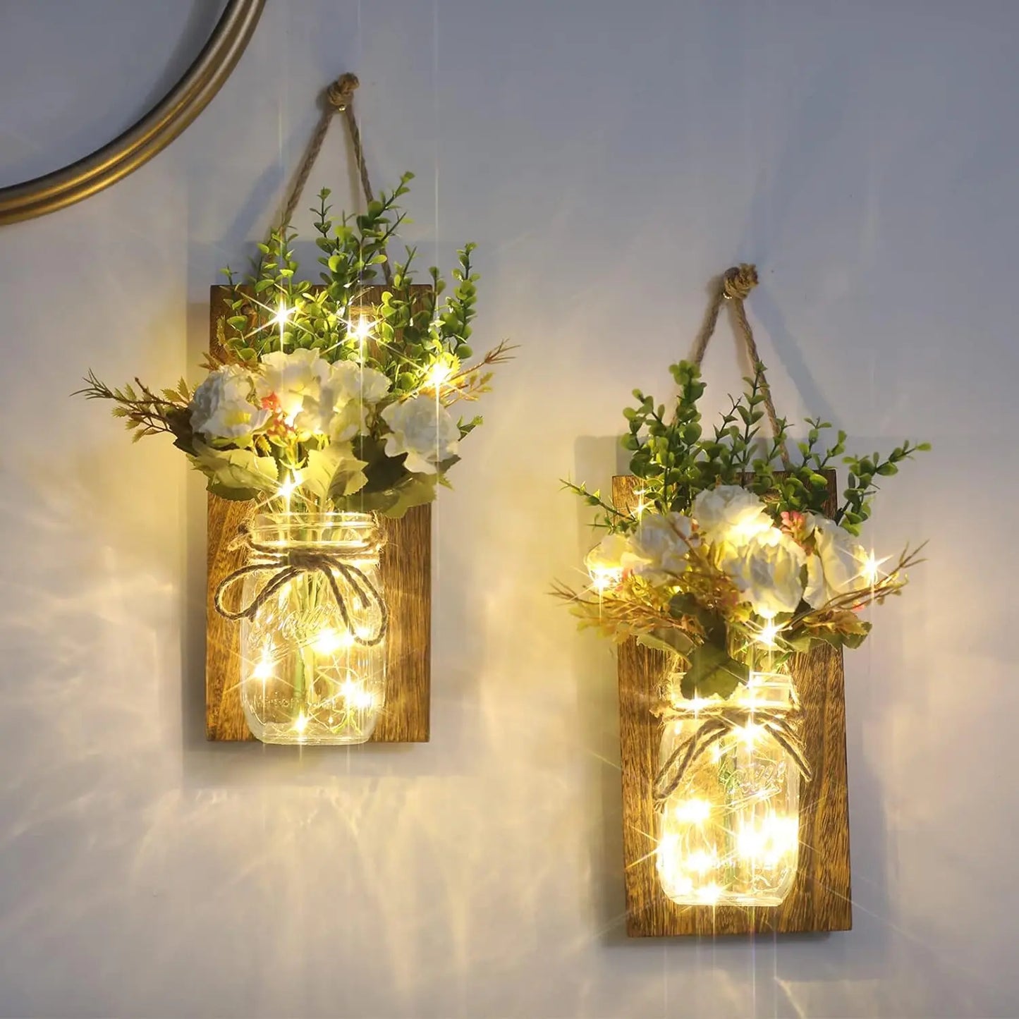 Lightess Mason Jar Wall Sconce with Flower Wood Decoration LED Fairy Lights Rustic Wall Lamp