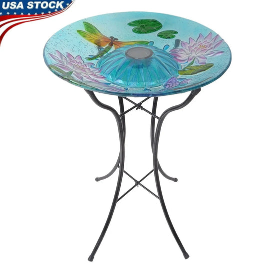 18 Inch Solar Powered Glass Dragonfly Birdbath with LED Lights Outdoor Garden Decor Metal Stand Multicolor Assembly Instructions