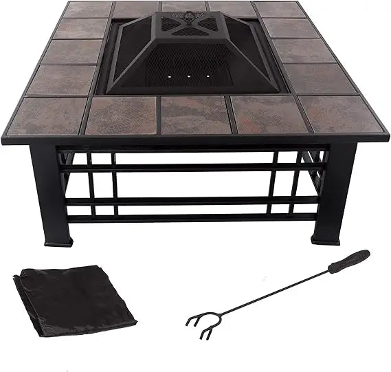 Fire Pit Set, Log Poker - Great for Outdoor and Patio, 32” Square Tile