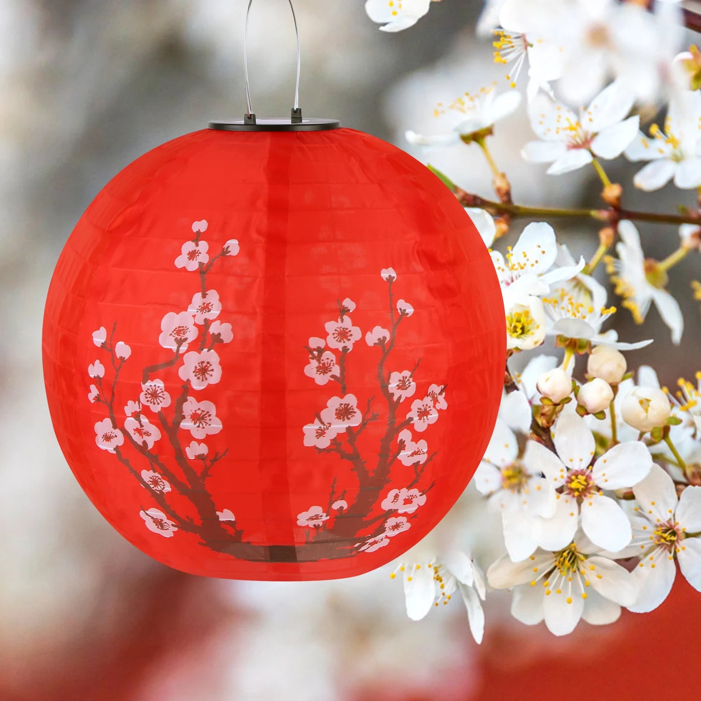 30cm Solar Power LED Plum Blossom Lights IP65 Waterproof Chinese Traditional Hanging Lanterns for Garden Porch