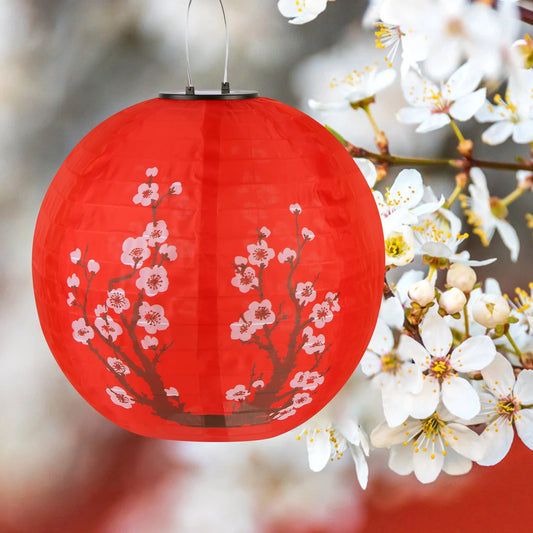 30cm Solar Power LED Plum Blossom Lights IP65 Waterproof Chinese Traditional Hanging Lanterns for Garden Porch